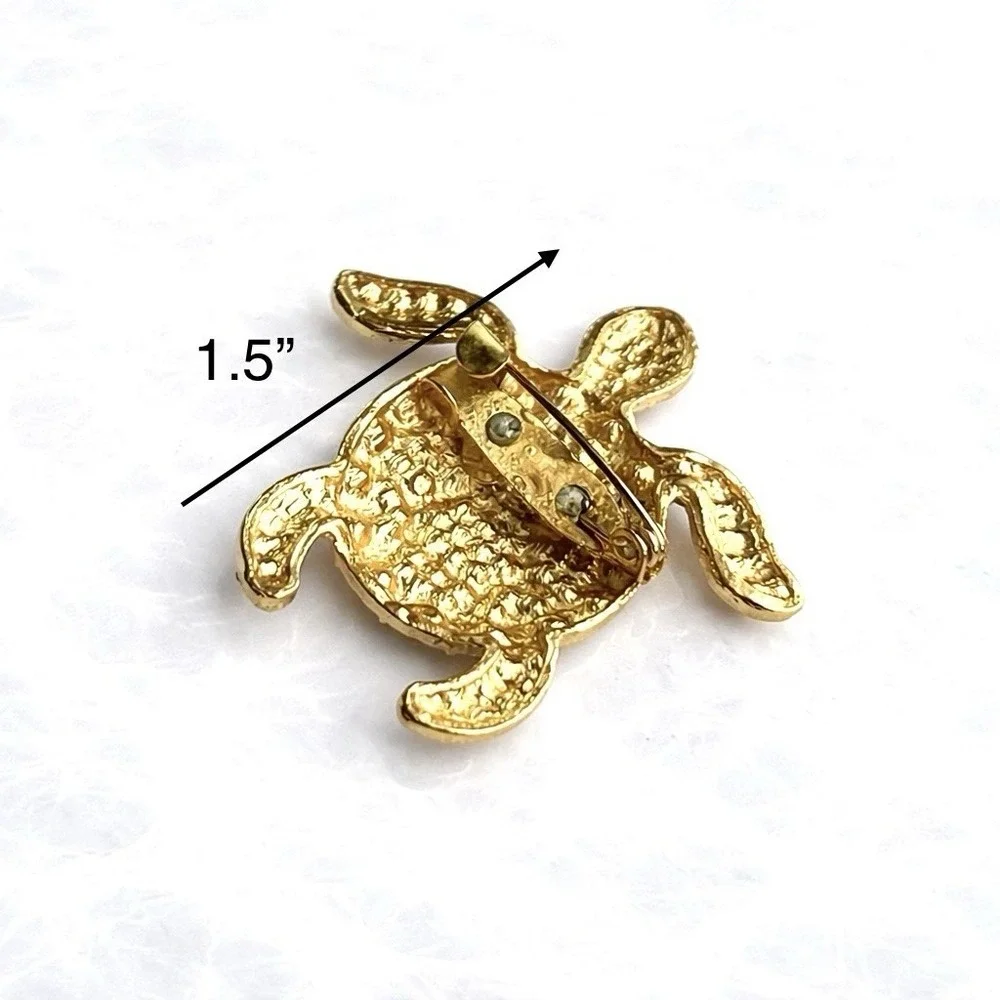 White Rhinestone Sea Turtle Brooch with Gold Tone Metal Accent Pin 1.5